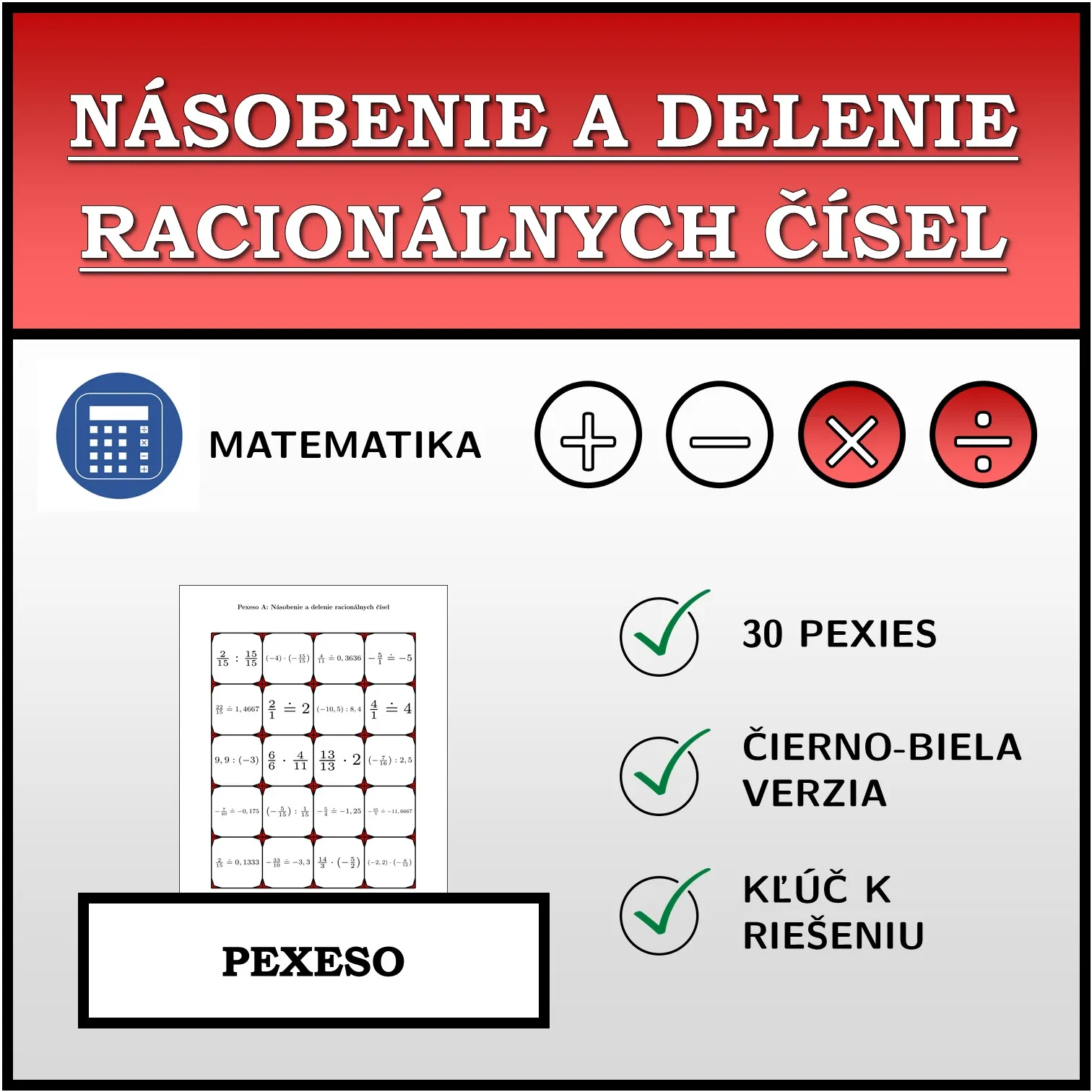 Pexeso: Násobenie a delenie racionálnych čísel