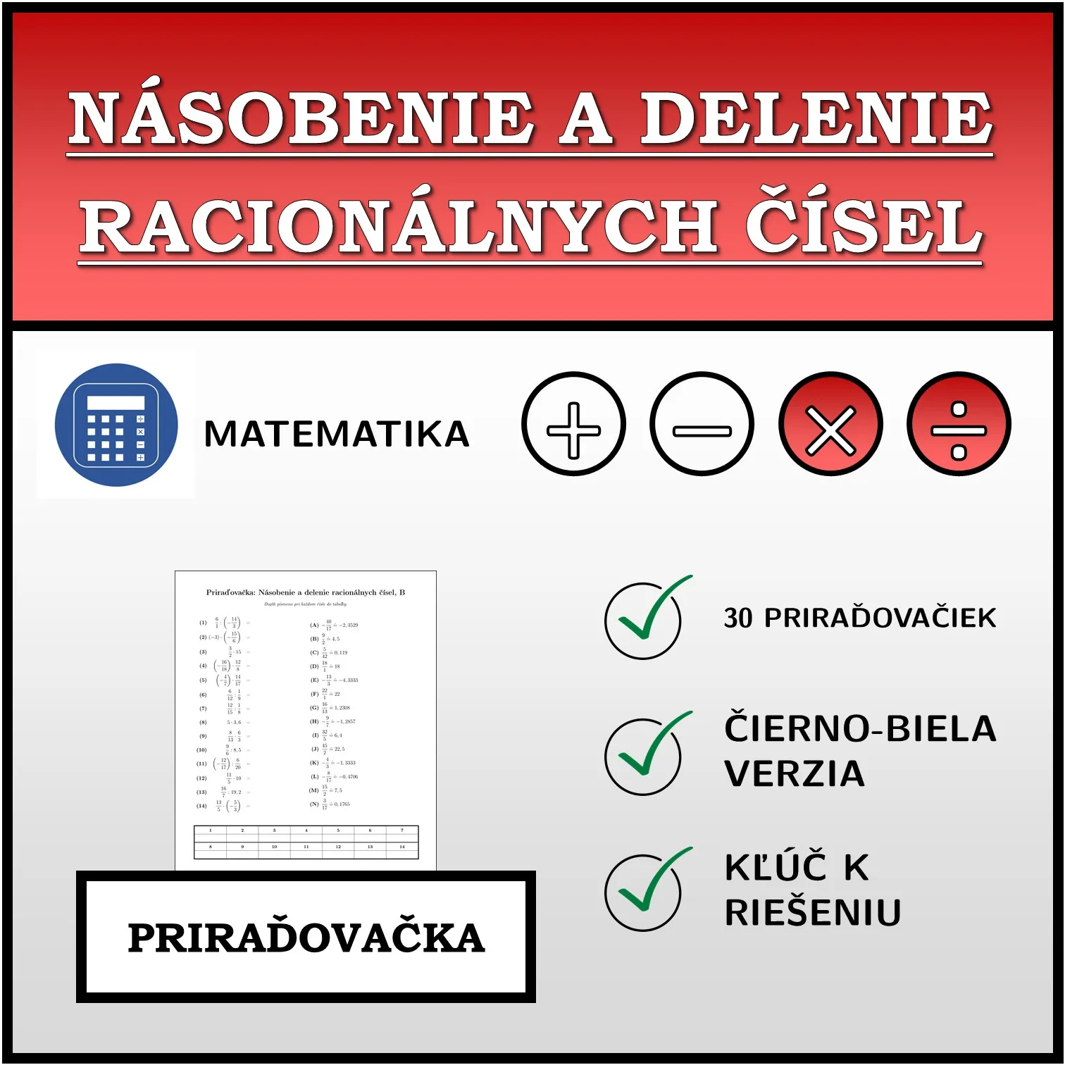 Priraďovačka: Násobenie a delenie racionálnych čísel
