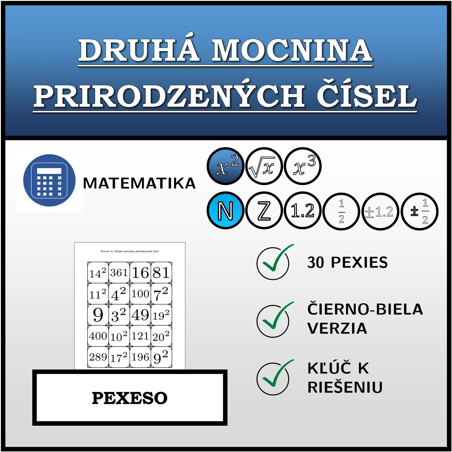 Pexeso: Druhá mocnina prirodzených čísel