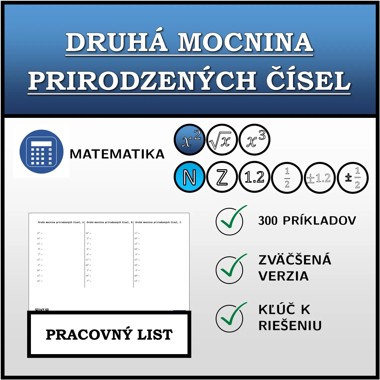 Pracovný list: Druhá mocnina prirodzených čísel