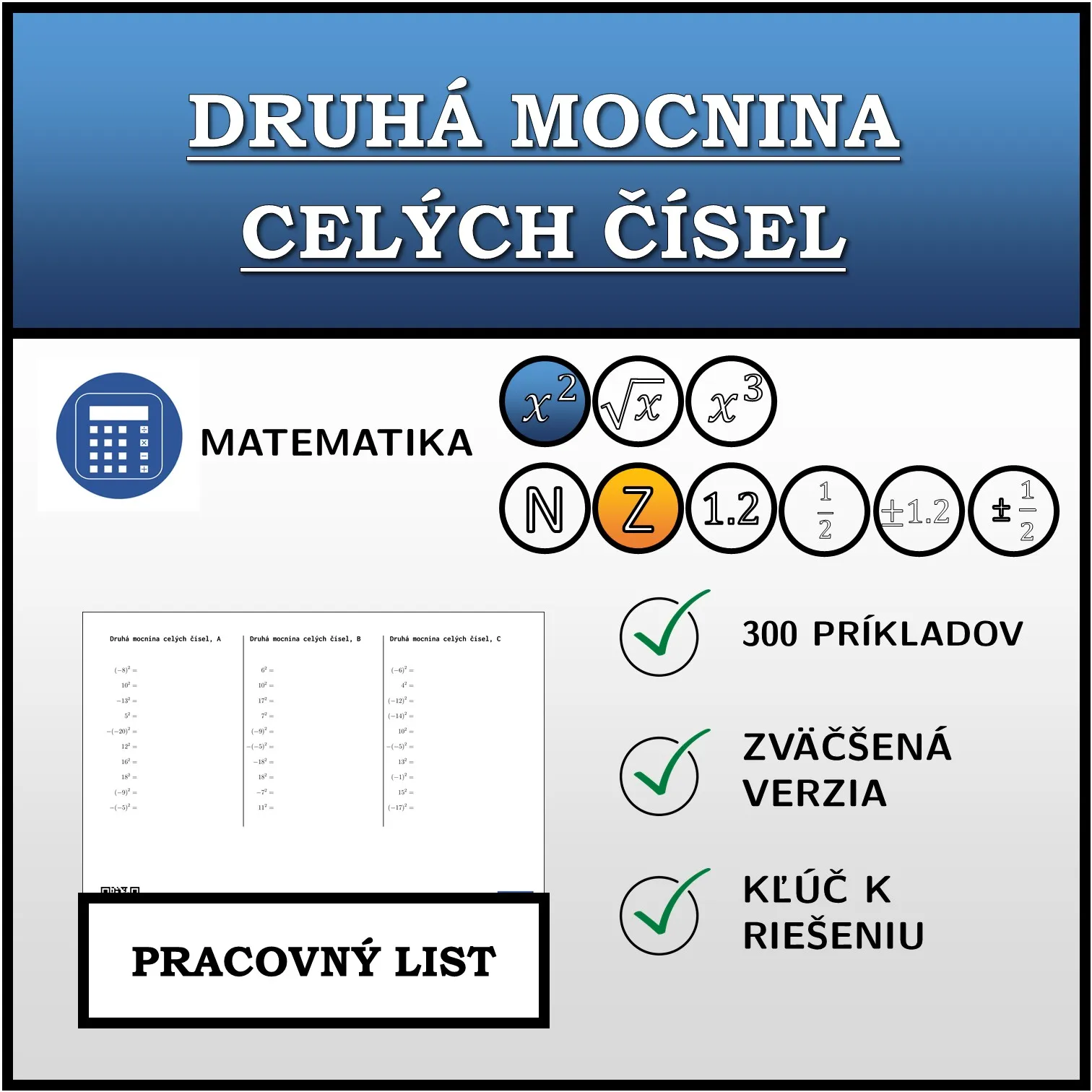 Pracovný list: Druhá mocnina celých čísel