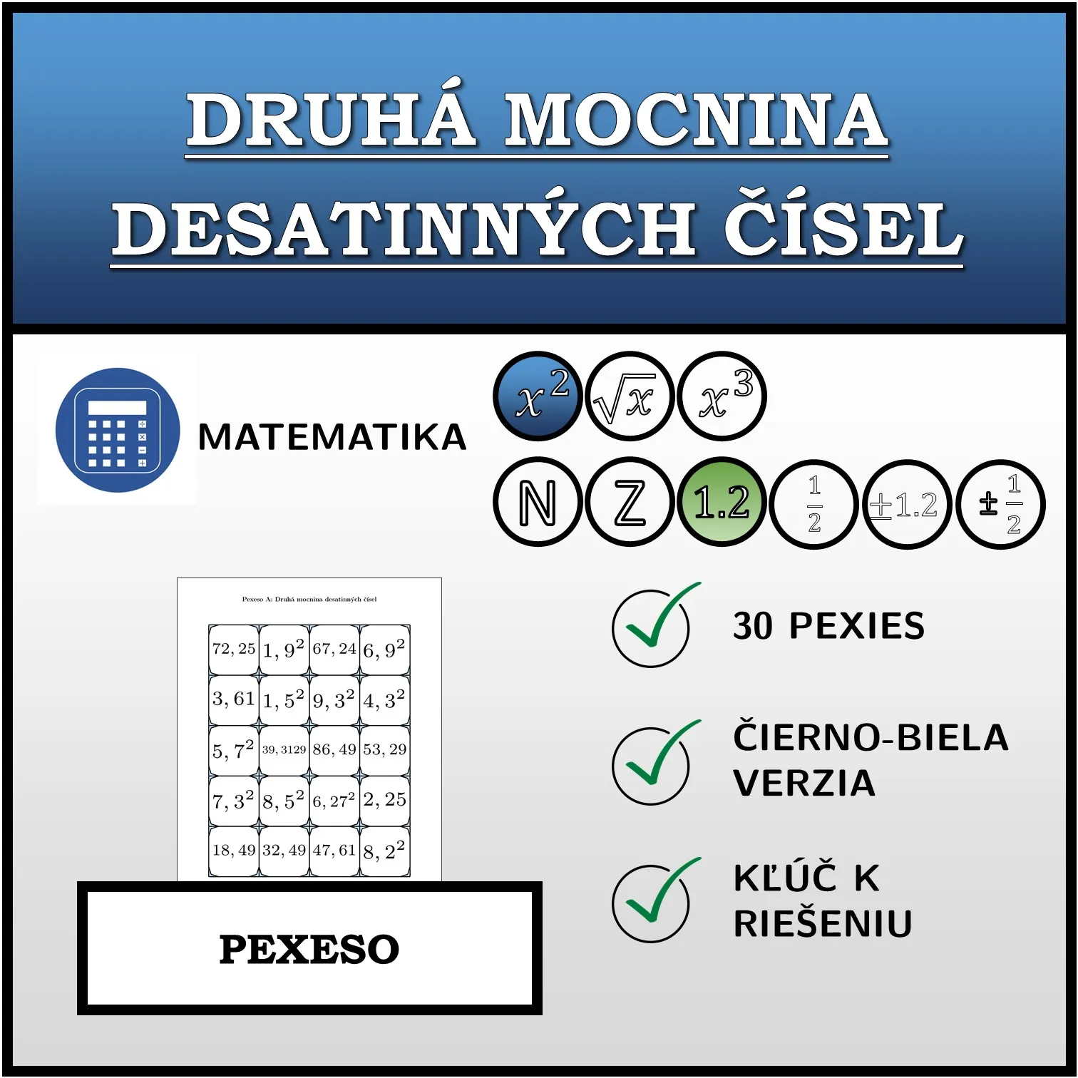 Pexeso: Druhá mocnina desatinných čísel