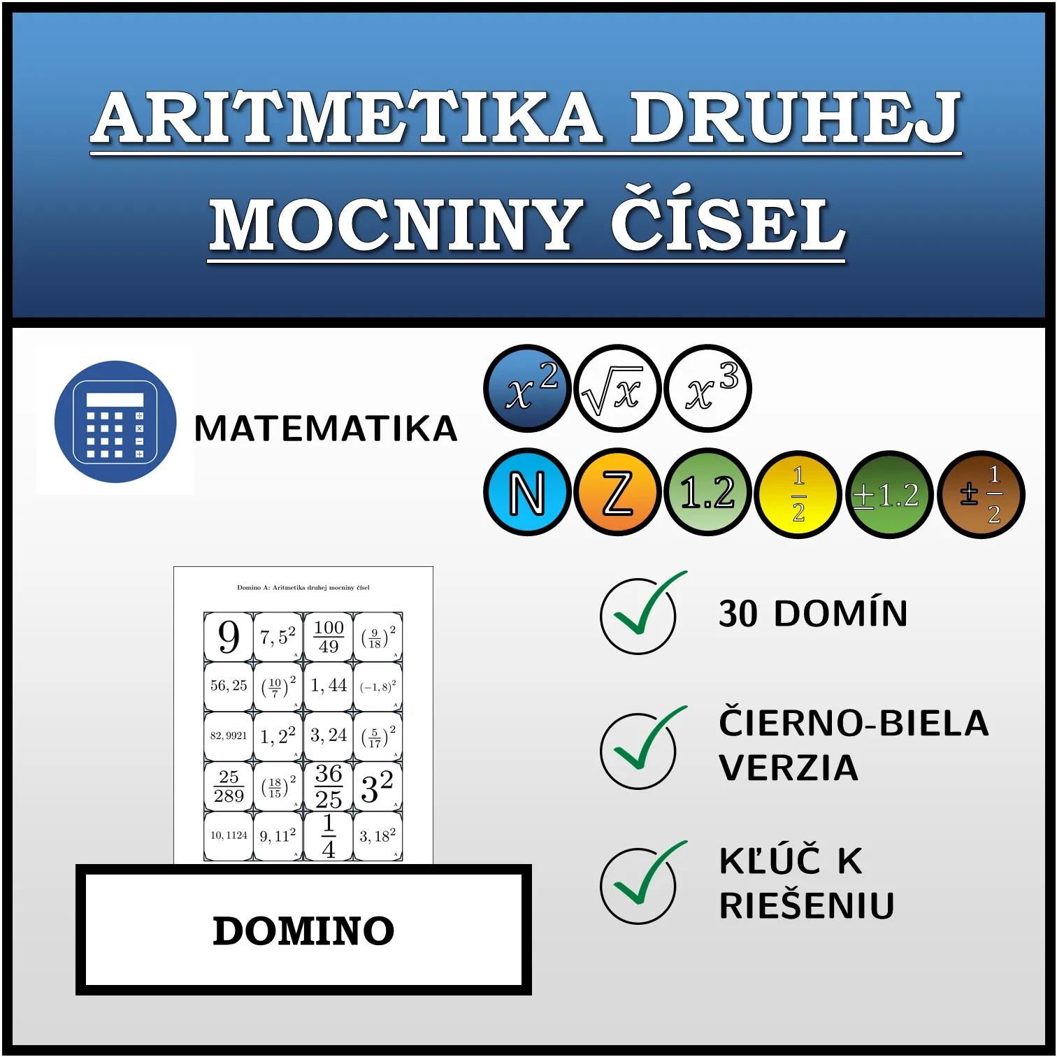 Domino: Aritmetika druhej mocniny čísel