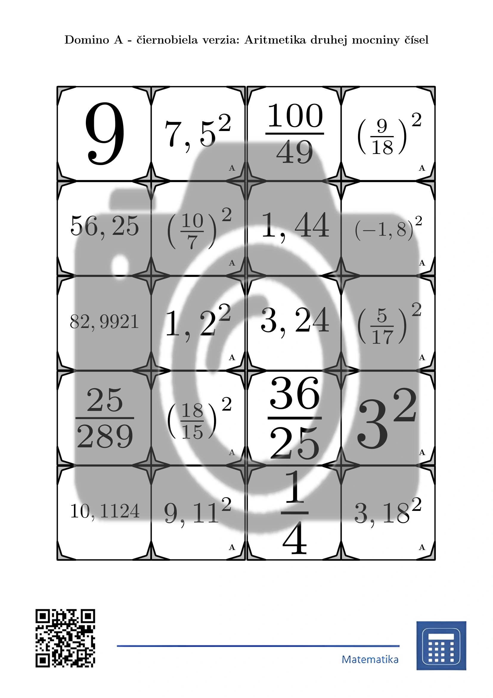 Domino: Aritmetika druhej mocniny čísel – Obrázok 3