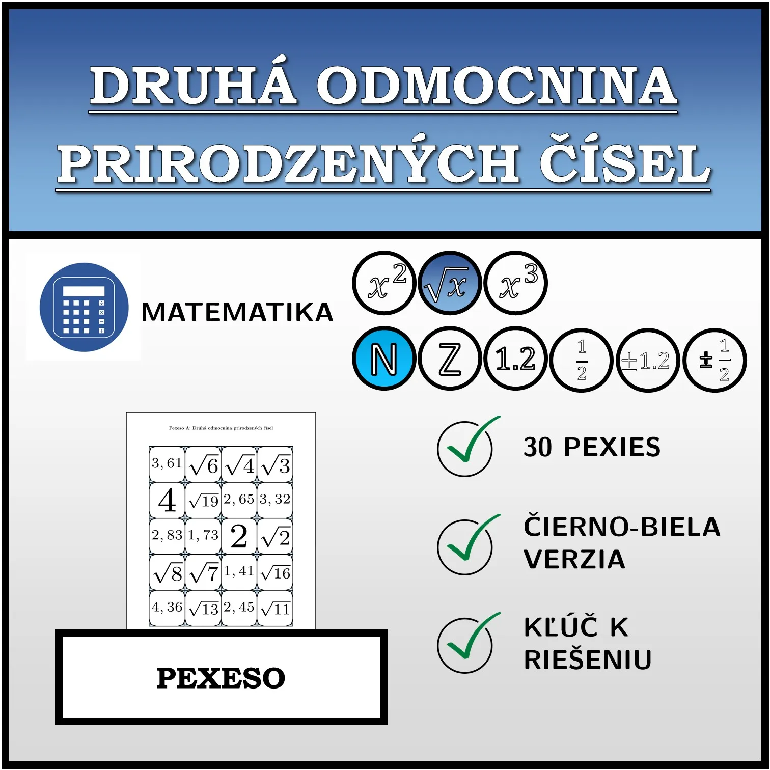 Pexeso: Druhá odmocnina prirodzených čísel