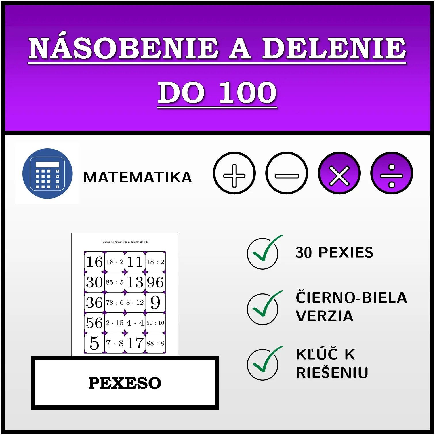 Pexeso: Násobenie a delenie do 100