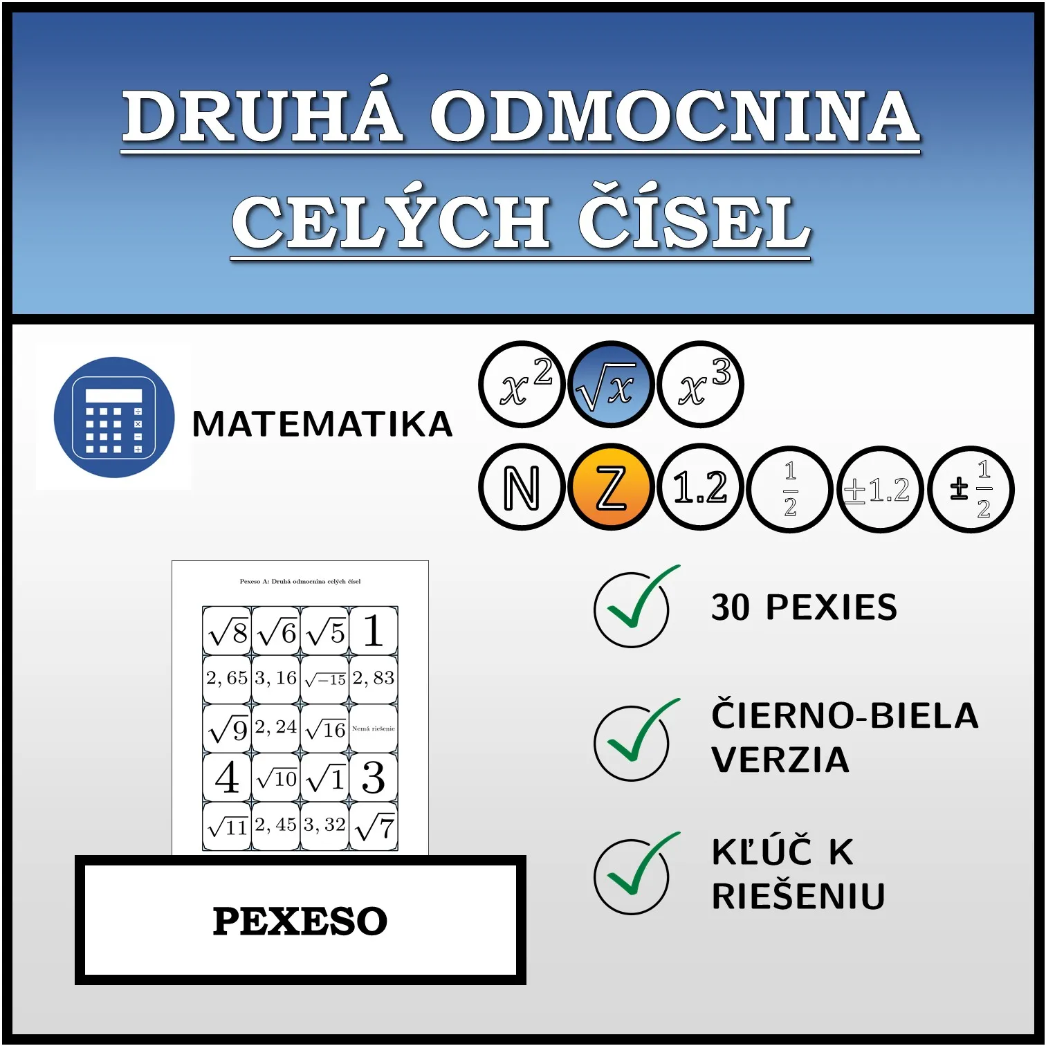 Pexeso: Druhá odmocnina celých čísel