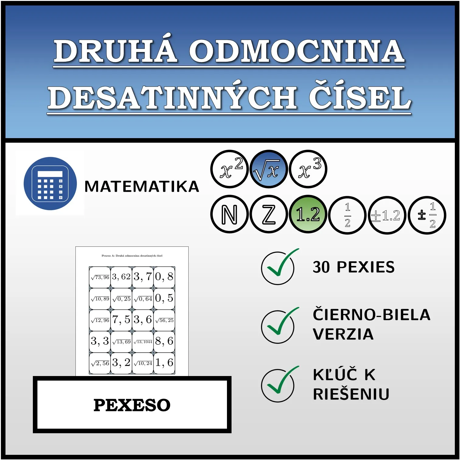 Pexeso: Druhá odmocnina desatinných čísel