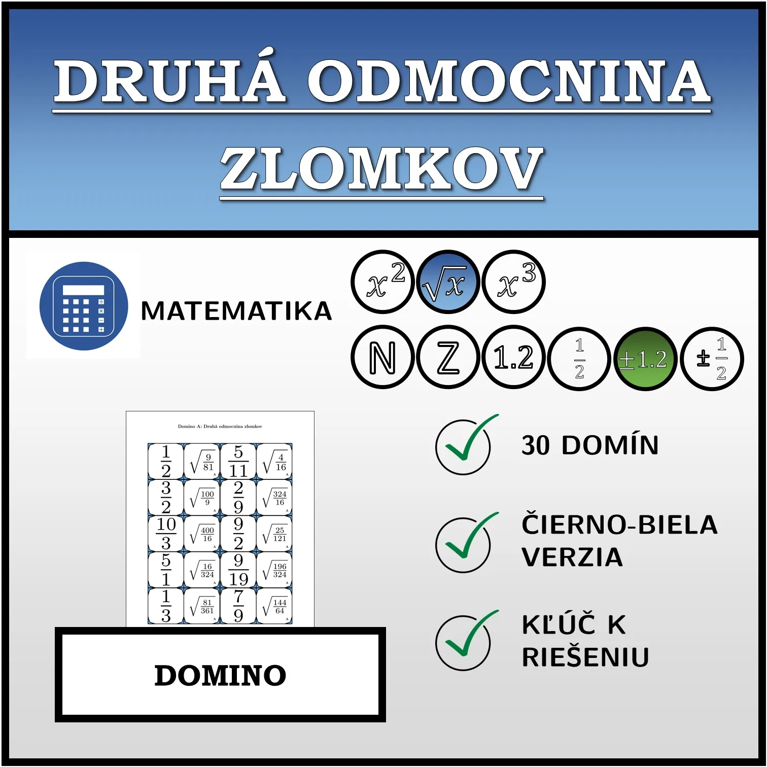 Domino: Druhá odmocnina zlomkov
