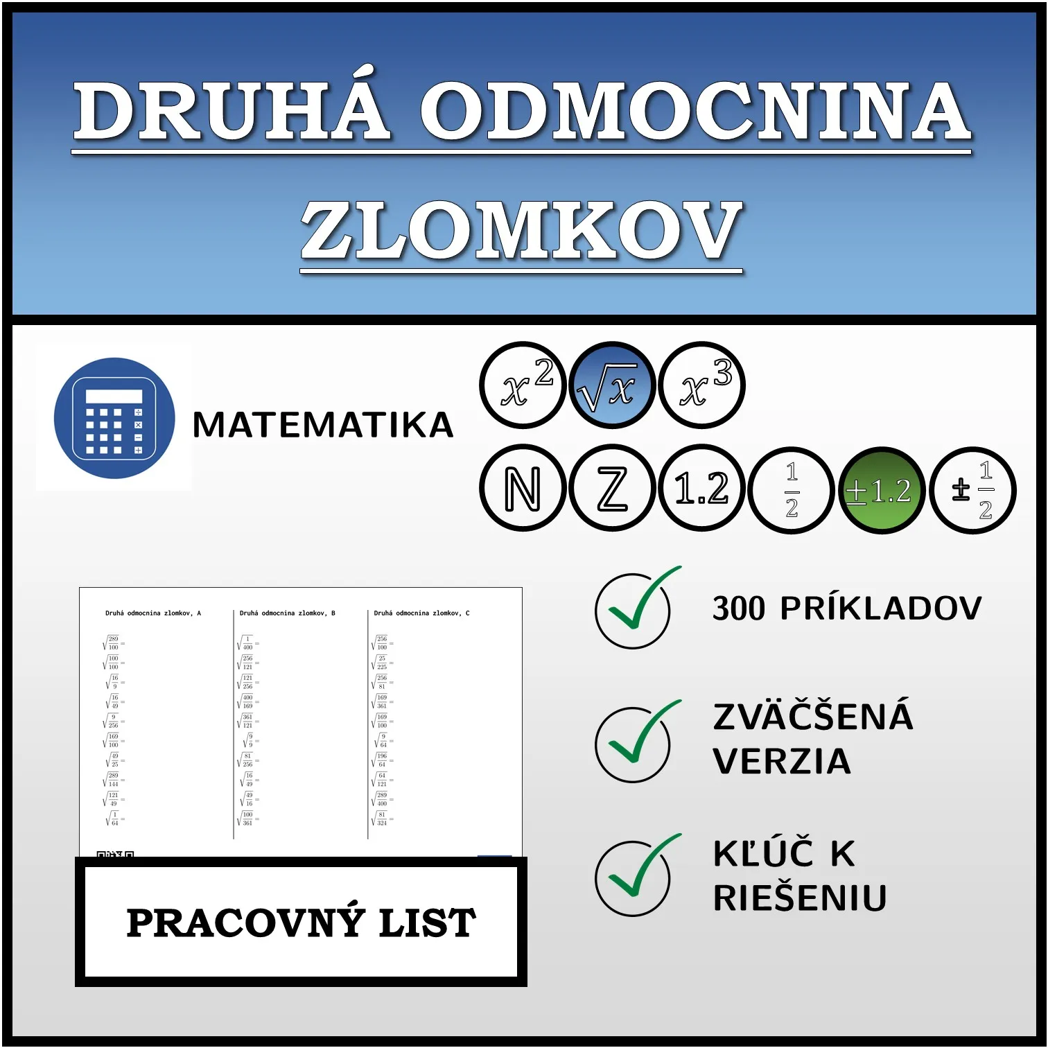 Pracovný list: Druhá odmocnina zlomkov