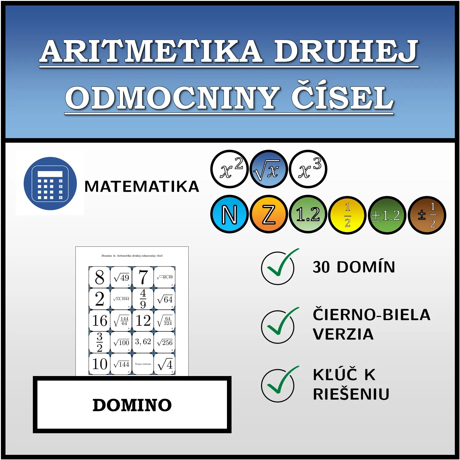 Domino: Aritmetika druhej odmocniny čísel