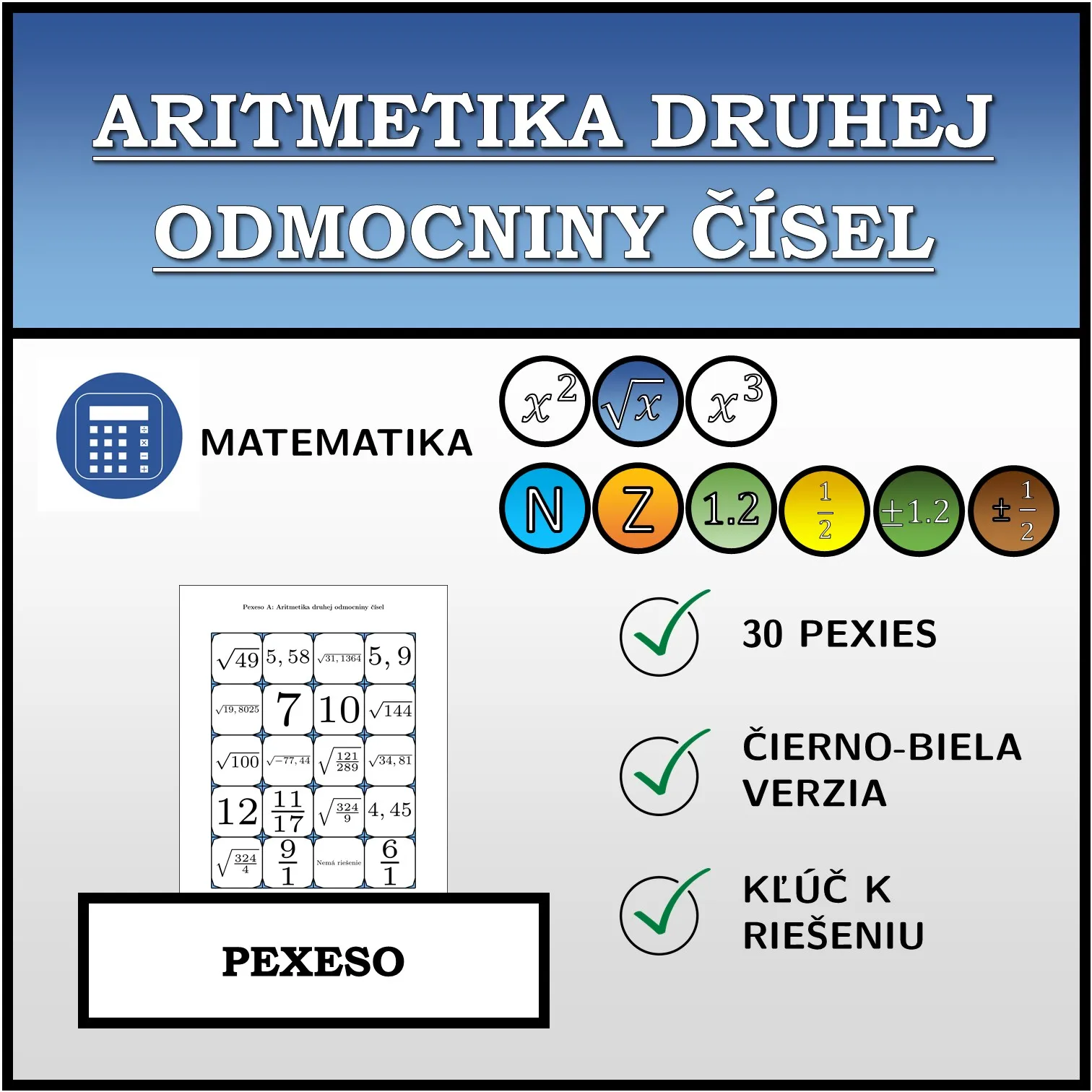 Pexeso: Aritmetika druhej odmocniny čísel