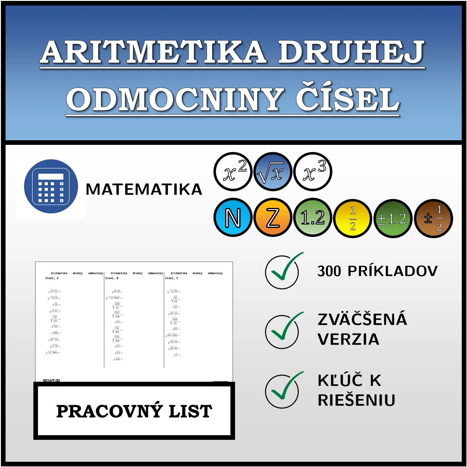 Pracovný list: Aritmetika druhej odmocniny čísel
