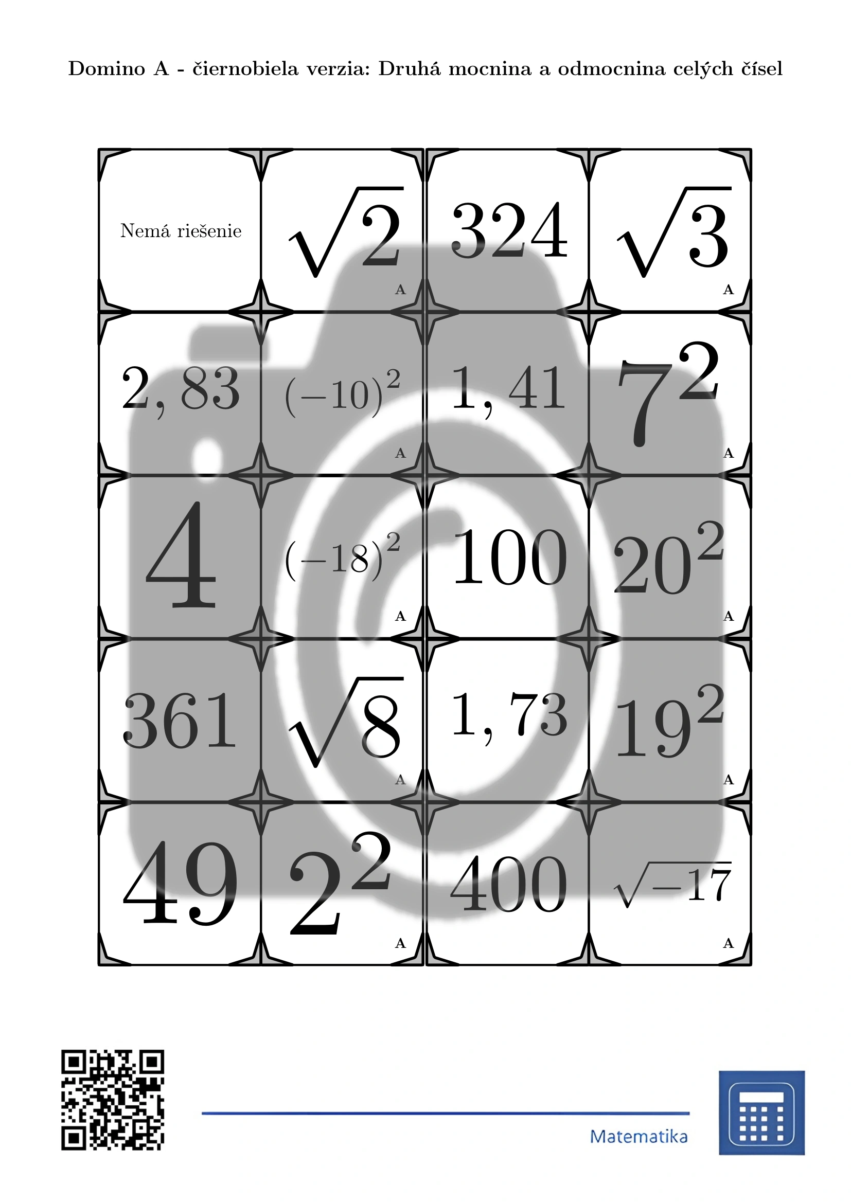Domino: Druhá mocnina a odmocnina celých čísel – Obrázok 3