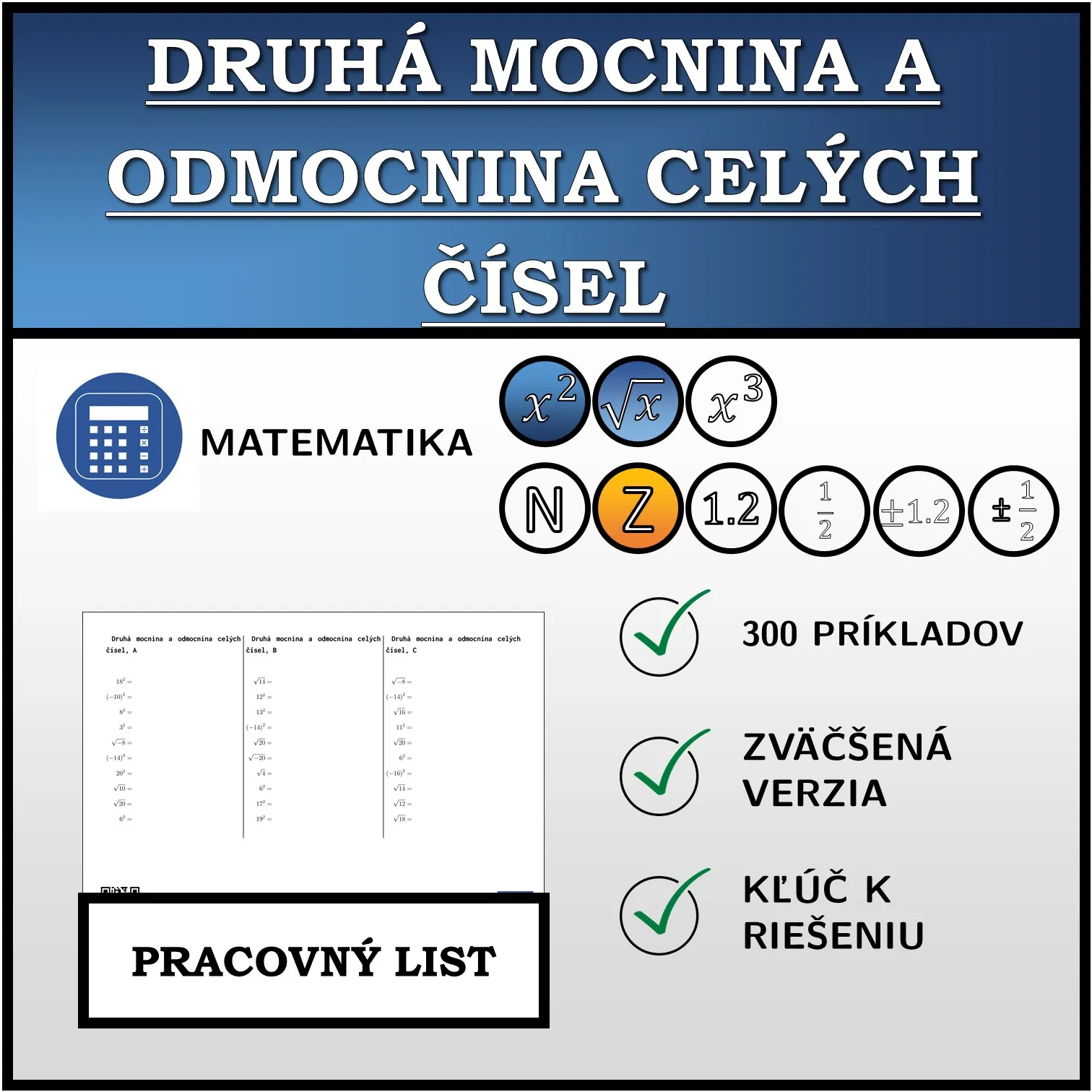 Pracovný list: Druhá mocnina a odmocnina celých čísel